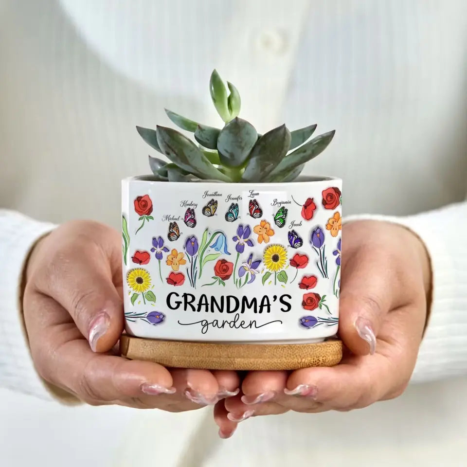 Family - Grandma's Garden, Mother's Day Gift, Custom Name Kids And Butterfly - Personalized Flower Pot