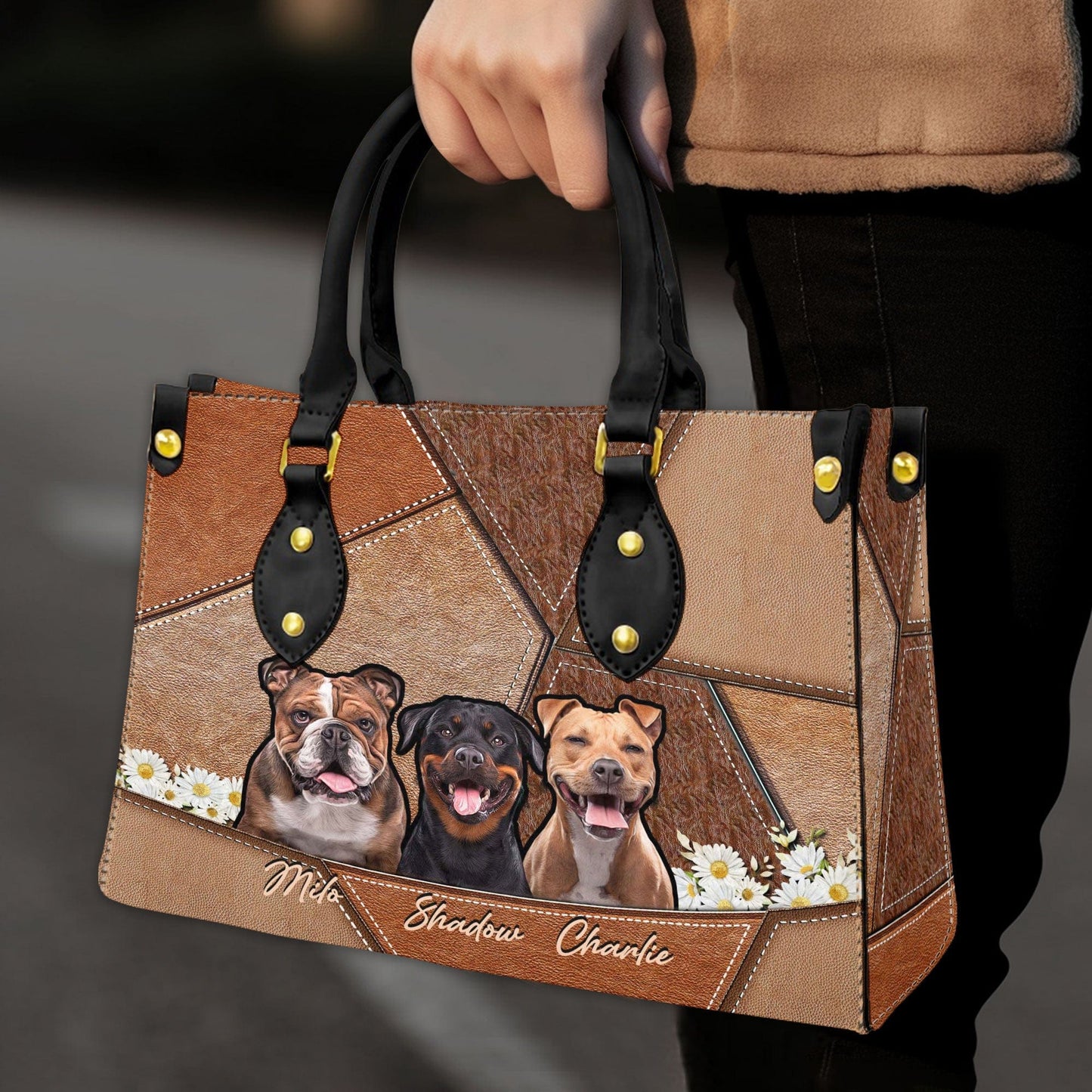 Sac à main en cuir personnalisé avec photo pour animaux de compagnie | Cadeau pour maman d’animal de compagnie | Combinaison de couleurs roux de différents styles