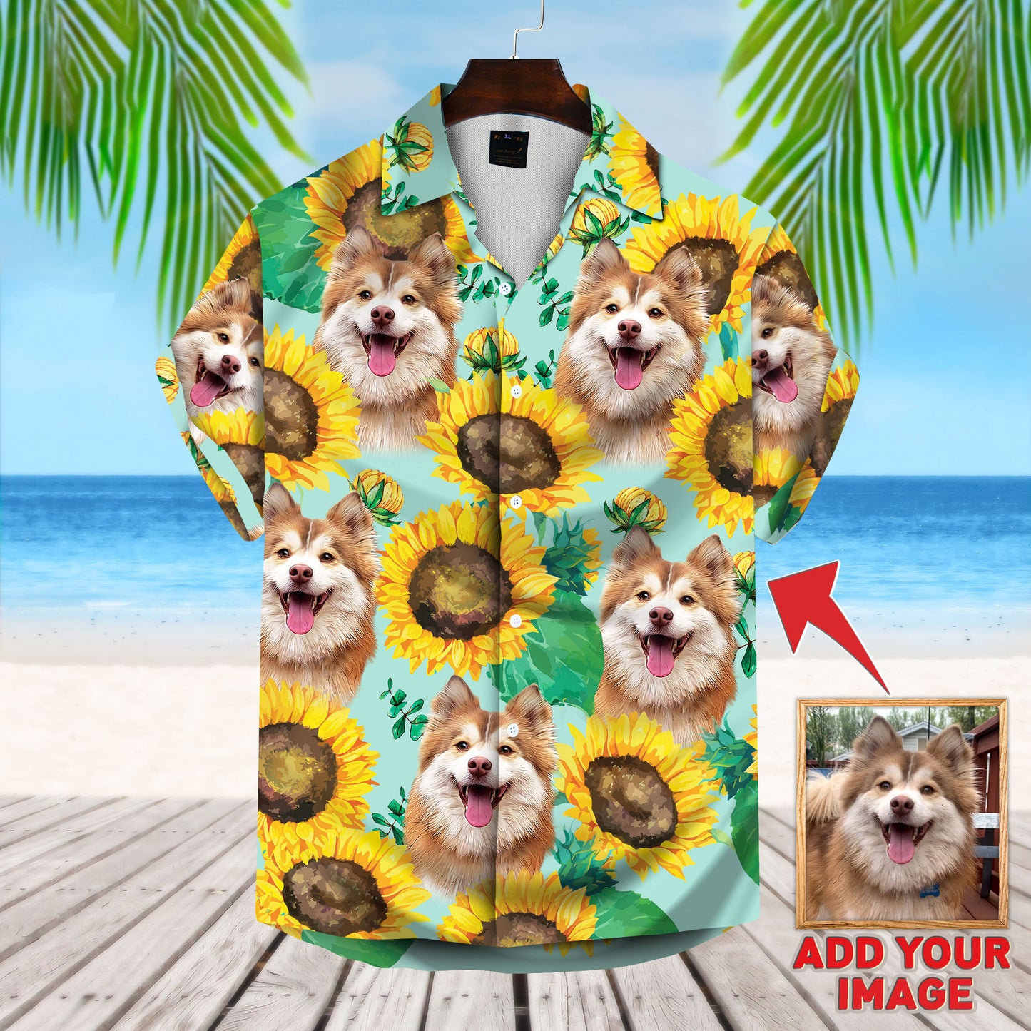 Chemise hawaïenne personnalisée avec visage d’animal de compagnie | Cadeau personnalisé pour les amoureux des animaux de compagnie | Chemise Aloha à motif tournesol et vert