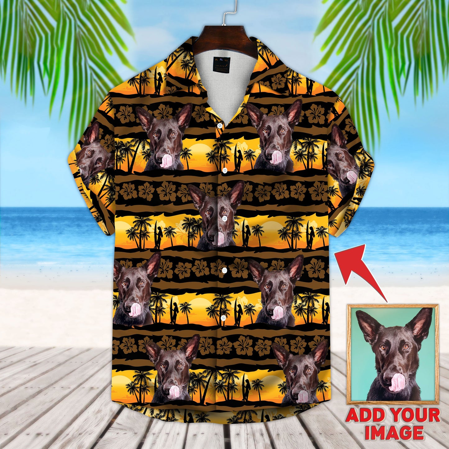 Chemise hawaïenne personnalisée avec visage d’animal de compagnie | Cadeau personnalisé pour les amoureux des animaux de compagnie | Chemise Aloha à motif coucher de soleil et palmier