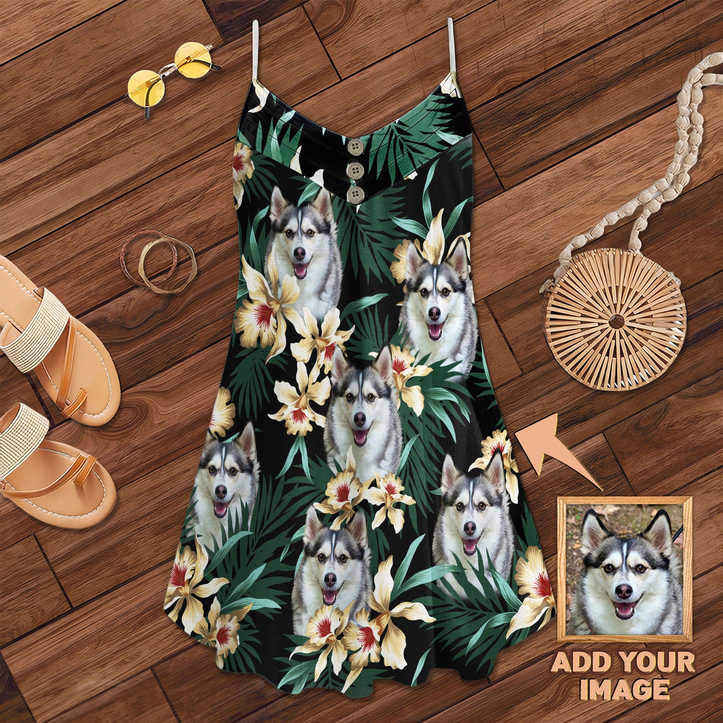 Custom Leaves & Flower Pattern Cami Dress Personalized Gift For Dog Mom (Dark Green Color)