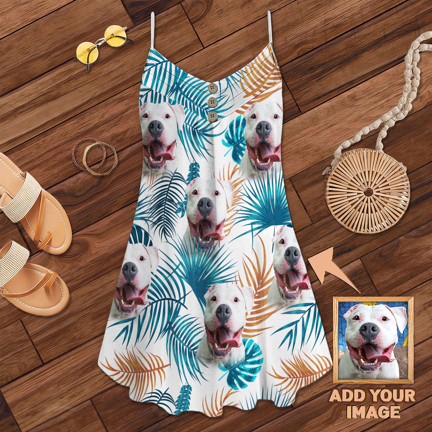 Custom Leaves Pattern Cami Dress Personalized Gift For Dog Mom (White Color)