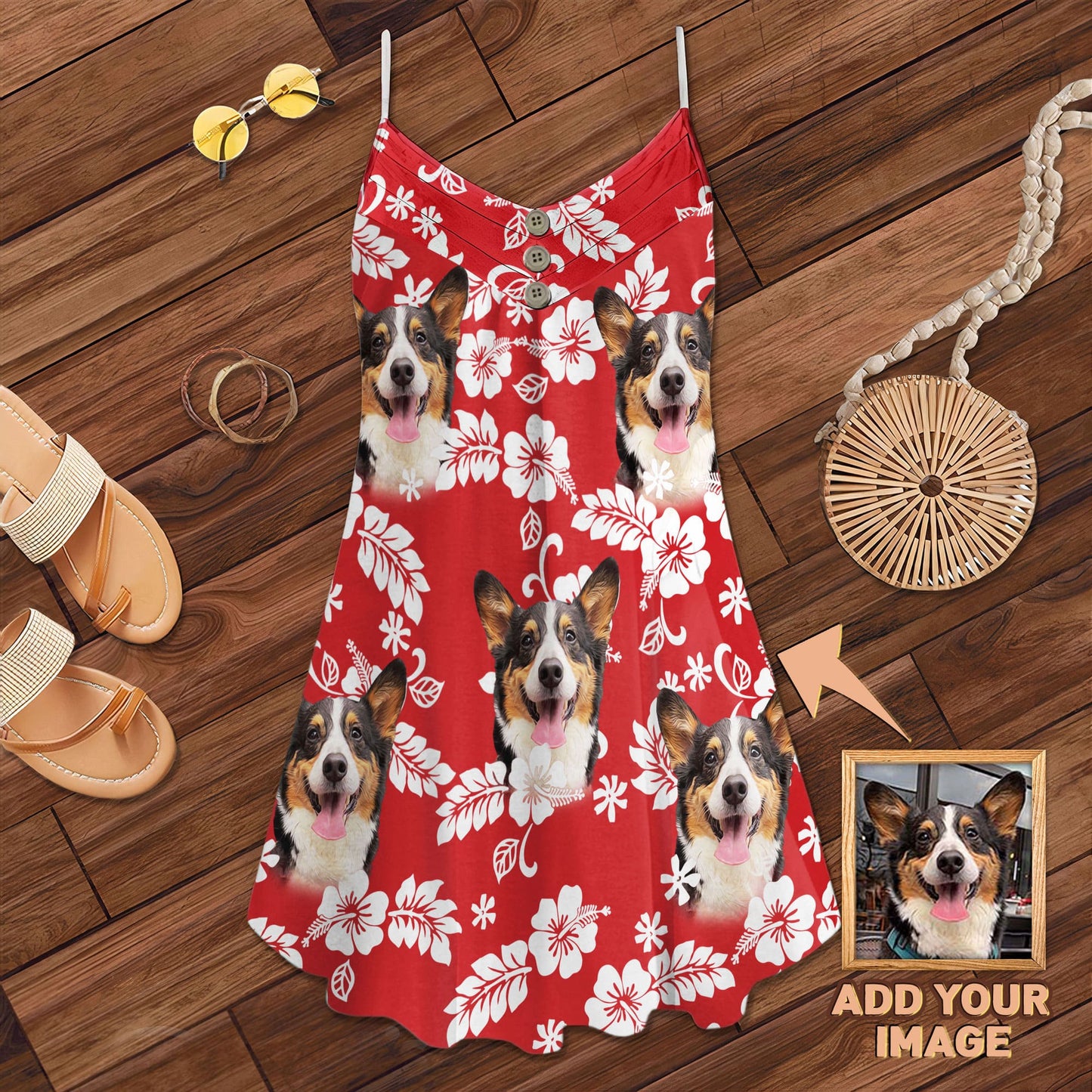 Robe camisole personnalisée à motif de feuilles et de fleurs, cadeau personnalisé pour maman de chien (couleur rouge)