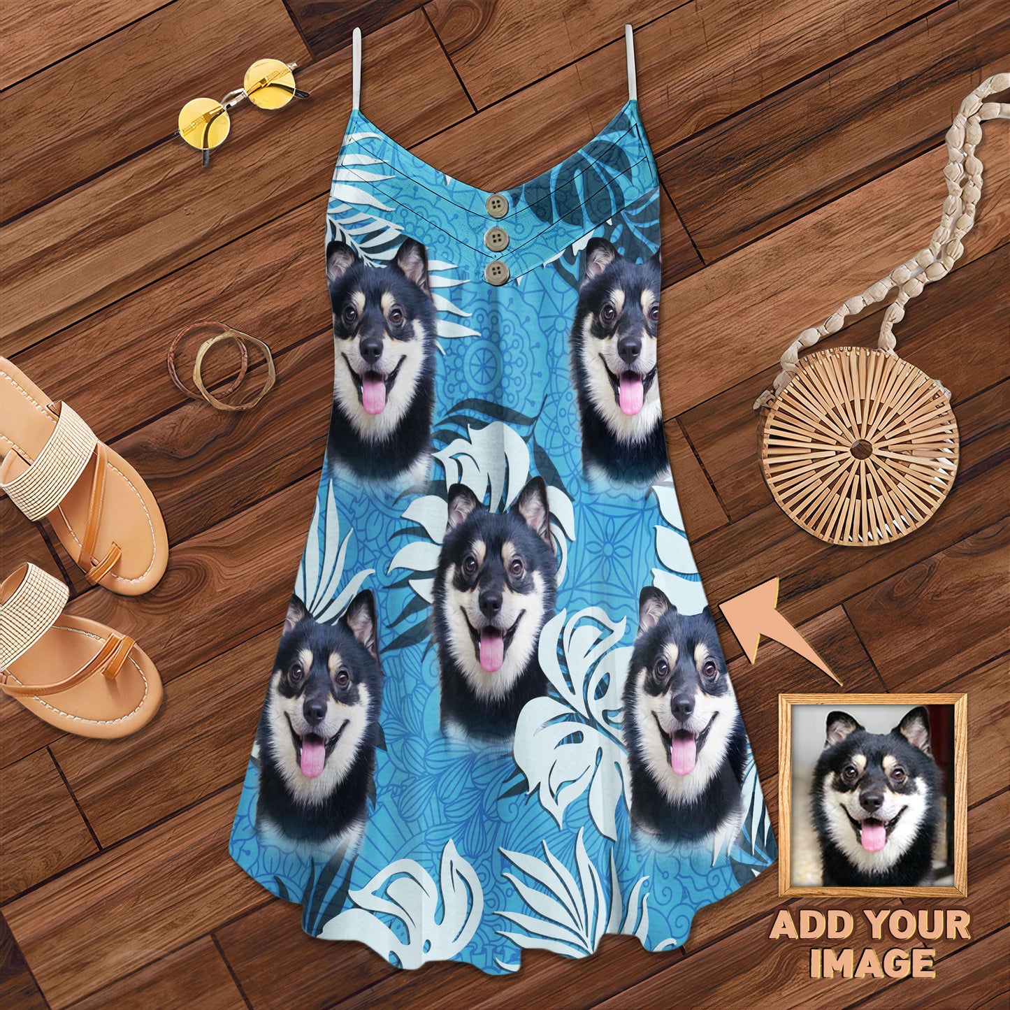 Robe camisole à motif de feuilles personnalisées, cadeau personnalisé pour maman de chien (couleur bleu mer)