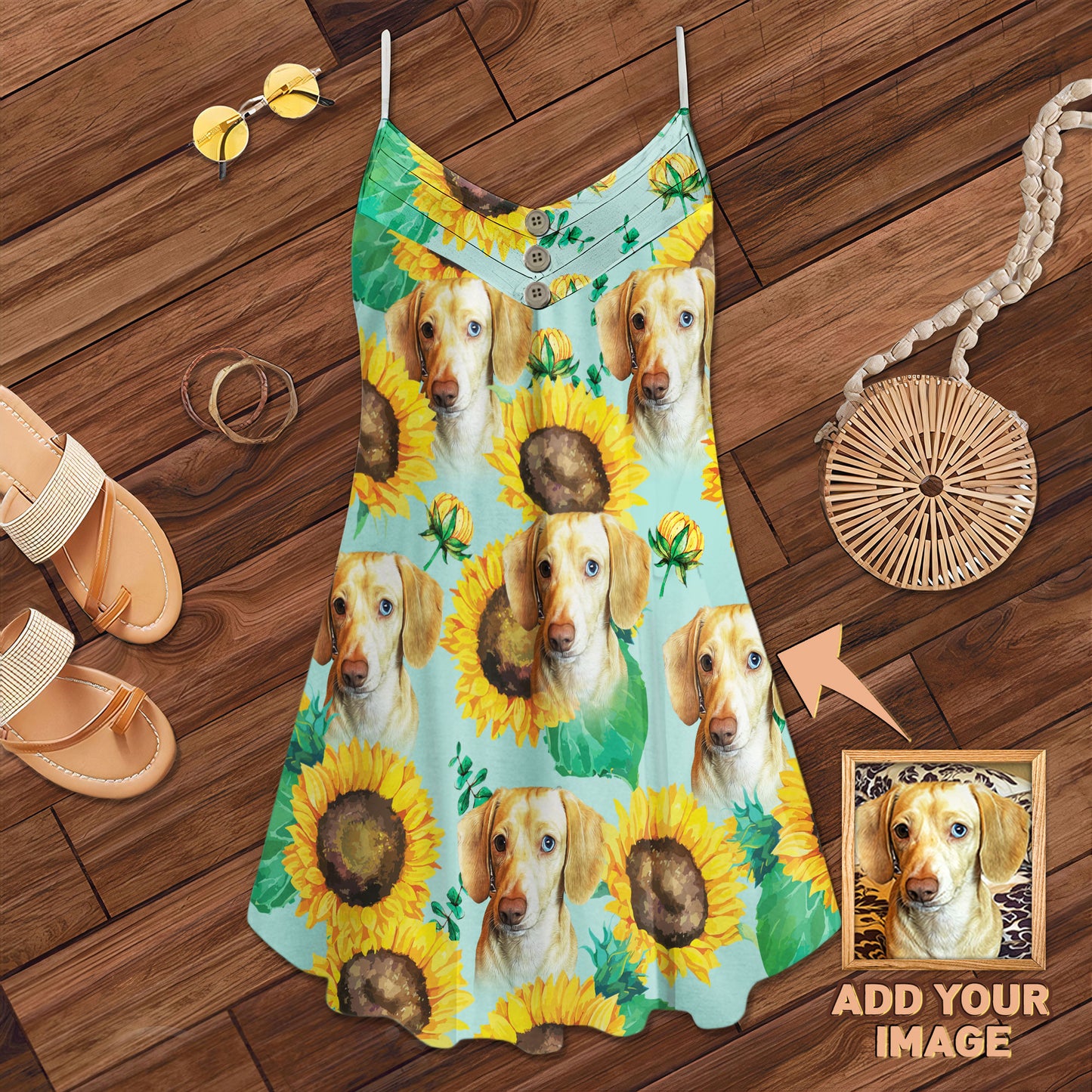 Robe Cami personnalisée à motif tournesol et vert, cadeau personnalisé pour maman chien