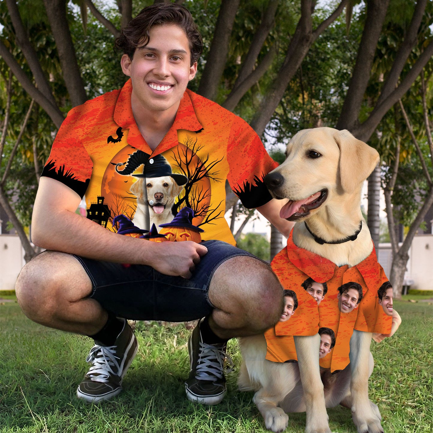 Chemise hawaïenne personnalisée avec visage d’animal de compagnie | Cadeau personnalisé pour les amoureux des animaux de compagnie | Joyeux Halloween Citrouille La Sorcière Aloha Chemise