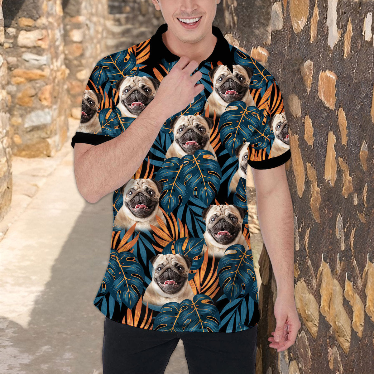 Custom Polo Shirt With Dog Face | Personalized Gift For Dog Dad | Dark Blue & Orange Leave Pattern Men Polo Shirt