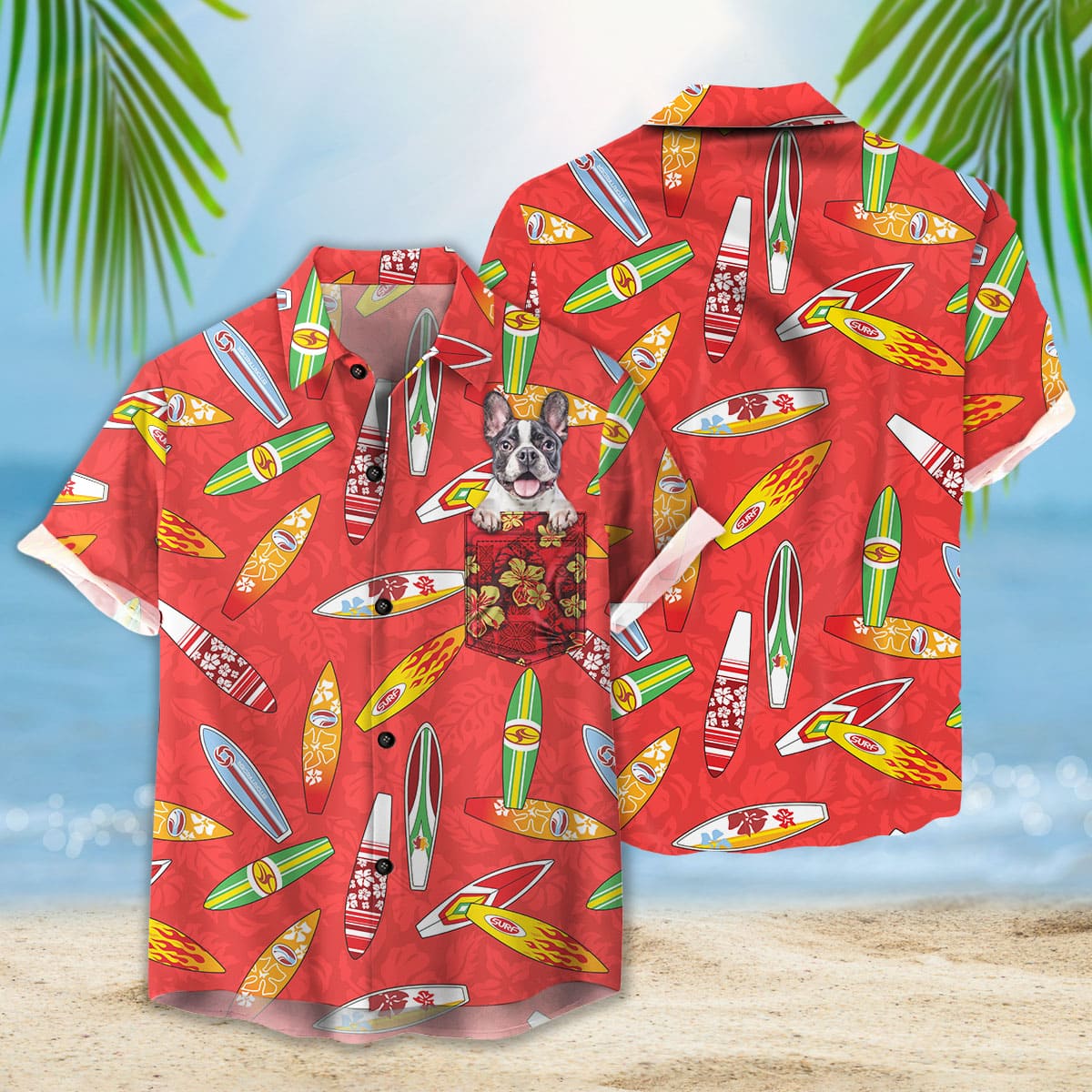 Custom Hawaiian Shirt With Pet Face | Personalized Gift For Pet Lovers | Surfboard Hibiscus Pattern Red Color Aloha Shirt With Pocket