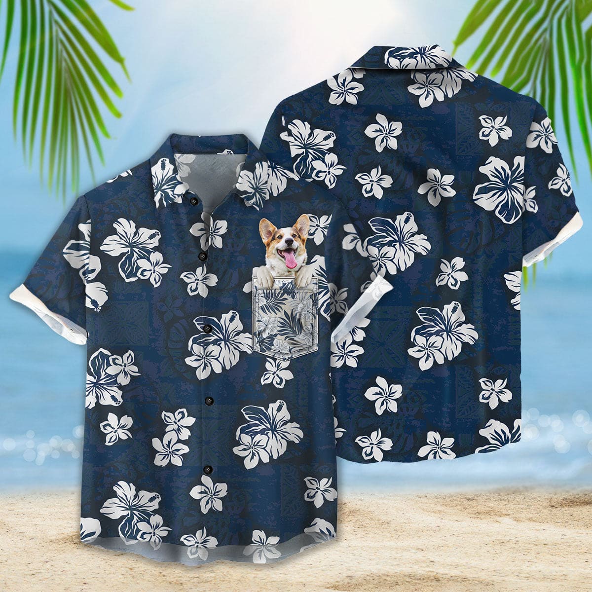 Chemise hawaïenne personnalisée avec visage d’animal de compagnie | Cadeau personnalisé pour les amoureux des animaux de compagnie | Chemise Aloha de couleur marine avec poche, éléments tribaux et fleurs d'hibiscus