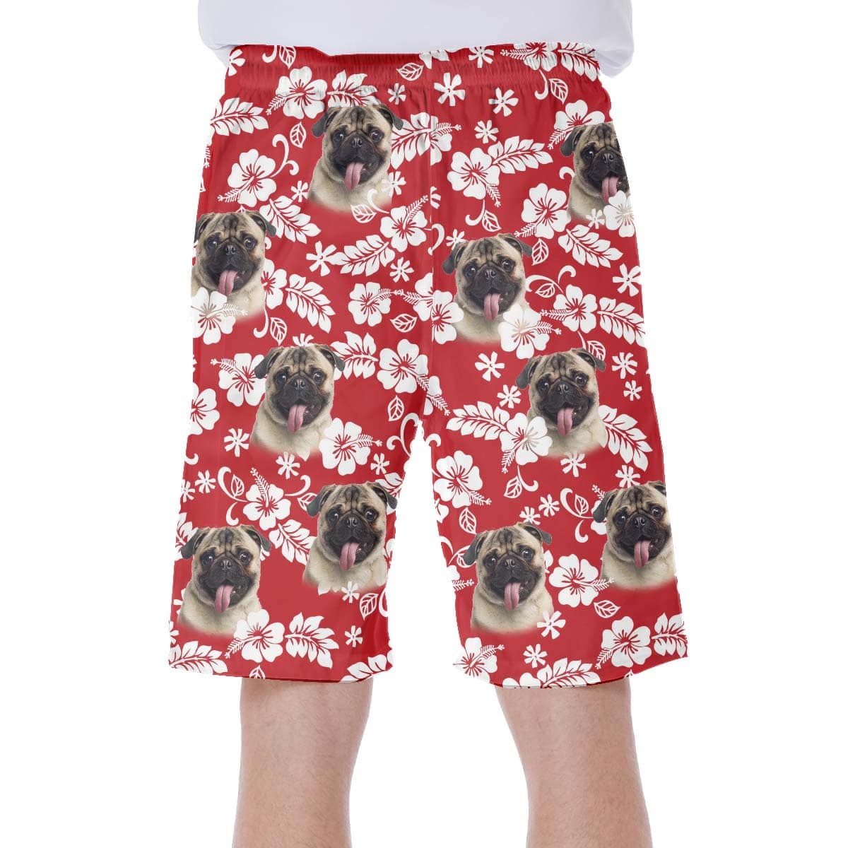 Short hawaïen personnalisé avec visage de chien | Cadeau personnalisé pour les amateurs de chiots | Short Aloha à motif de feuilles et de fleurs de couleur rouge