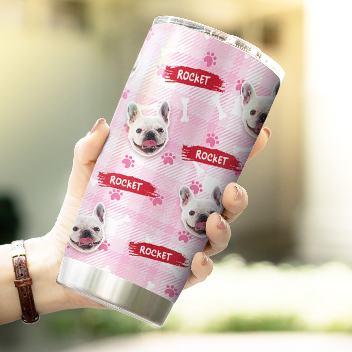 Custom Multi Pets Bone And Paw Pattern 20oz Personalized Tumbler (Pink Color)