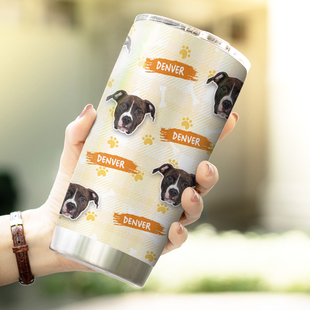 Custom Multi Pets Bone And Paw Pattern 20oz Personalized Tumbler (Yellow Color)
