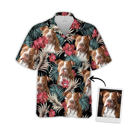 Chemise hawaïenne personnalisée avec visage d’animal de compagnie | Cadeau personnalisé pour les amoureux des animaux de compagnie | vintage Belle Hibiscus et Palmiers Couleur Émeraude Foncé Chemise Aloha