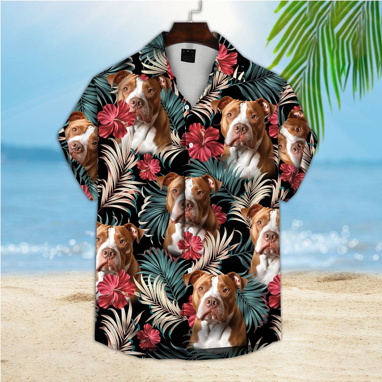 Chemise hawaïenne personnalisée avec visage d’animal de compagnie | Cadeau personnalisé pour les amoureux des animaux de compagnie | vintage Belle Hibiscus et Palmiers Couleur Émeraude Foncé Chemise Aloha