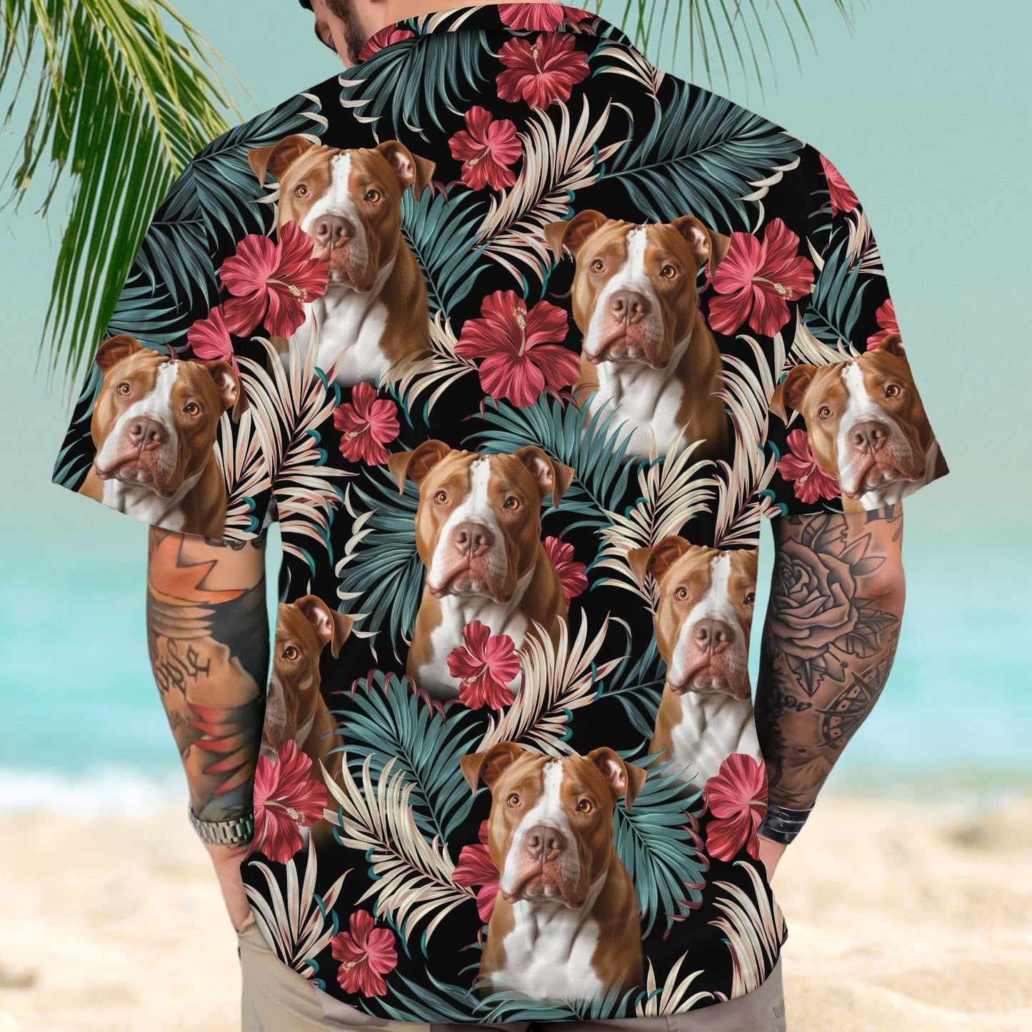 Custom Hawaiian Shirt With Pet Face | Personalized Gift For Pet Lovers | Vintage Beautiful Hibiscus and Palms Dark Emerald Color Aloha Shirt