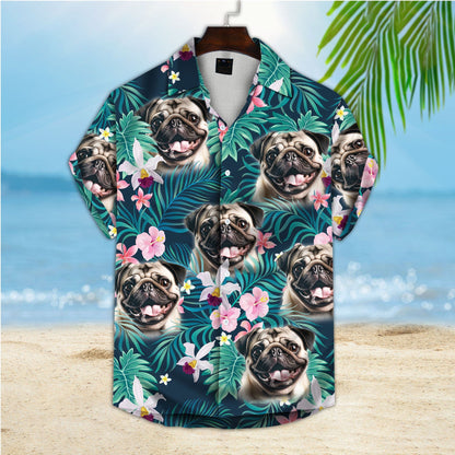 Custom Hawaiian Shirt With Pet Face | Personalized Gift For Pet Lovers | Tropical Seamless Palm Leaves and Flower Pink & Green Color Aloha Shirt
