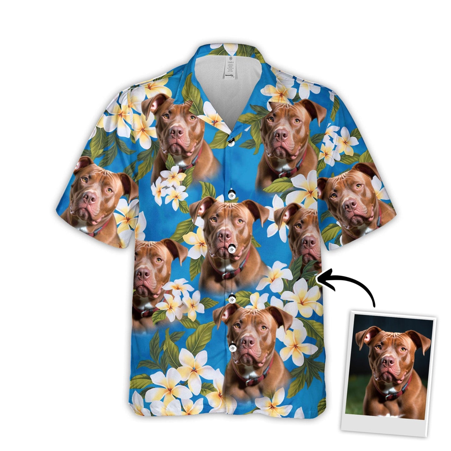 Custom Hawaiian Shirt With Pet Face | Personalized Gift For Pet Lovers | White Plumeria Bouquet on Turquoise Sea Blue Color Aloha Shirt