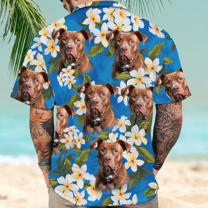 Custom Hawaiian Shirt With Pet Face | Personalized Gift For Pet Lovers | White Plumeria Bouquet on Turquoise Sea Blue Color Aloha Shirt
