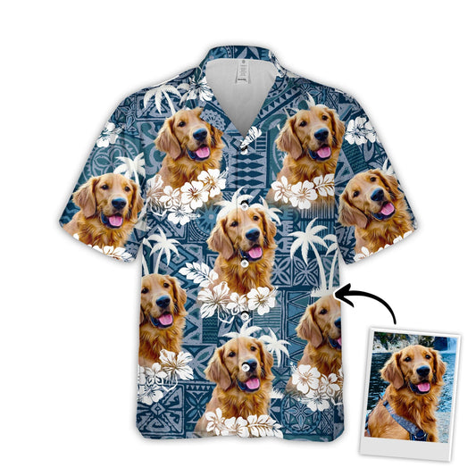 Chemise hawaïenne personnalisée avec visage d’animal de compagnie | Cadeau personnalisé pour les amoureux des animaux de compagnie | Tapa Tribal, chemise Aloha de couleur bleu foncé avec fleurs et feuilles vintage