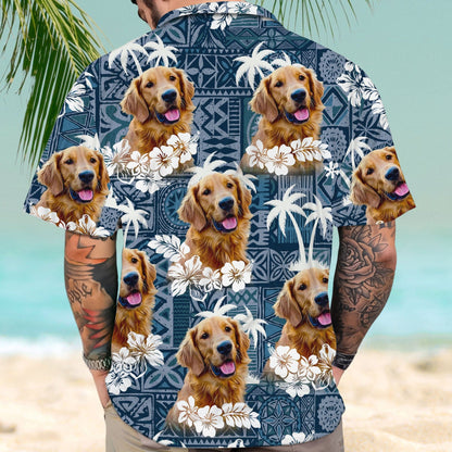 Custom Hawaiian Shirt With Pet Face | Personalized Gift For Pet Lovers | Tapa Tribal, Vintage Flower And Leaves Dark Blue Color Aloha Shirt