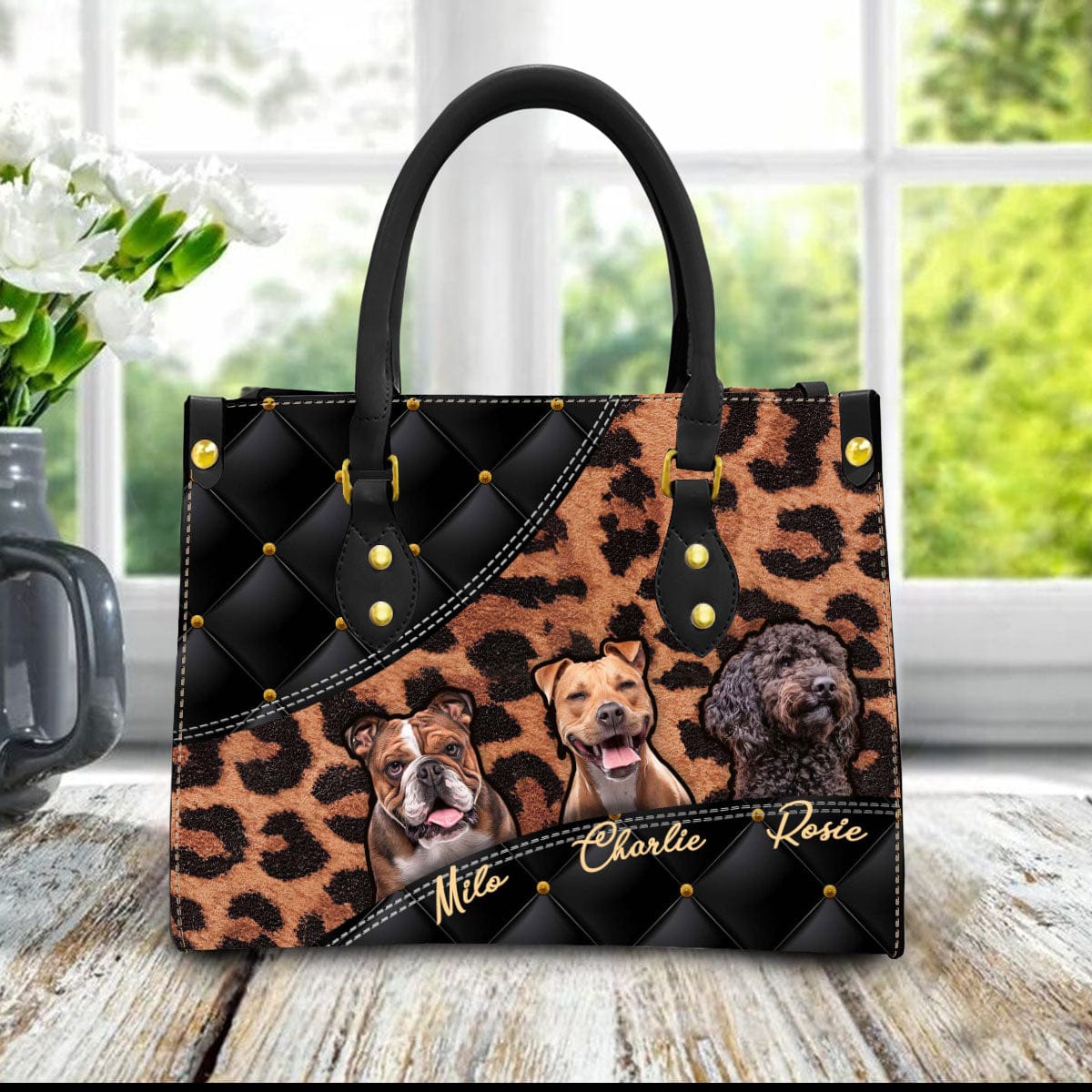 Custom Leather HandBag With Pet Photo | Gift For Pet Mom | Abstract Upholstery & Leopard Style Charcoal Black Color