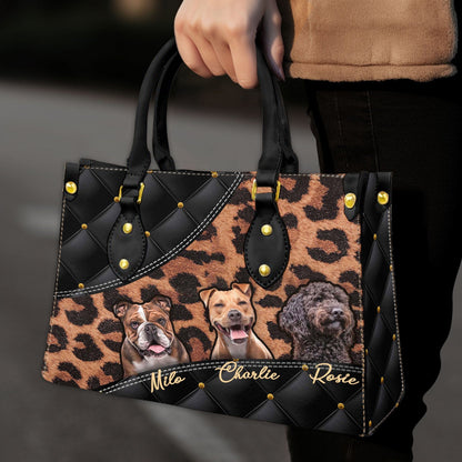 Custom Leather HandBag With Pet Photo | Gift For Pet Mom | Abstract Upholstery & Leopard Style Charcoal Black Color