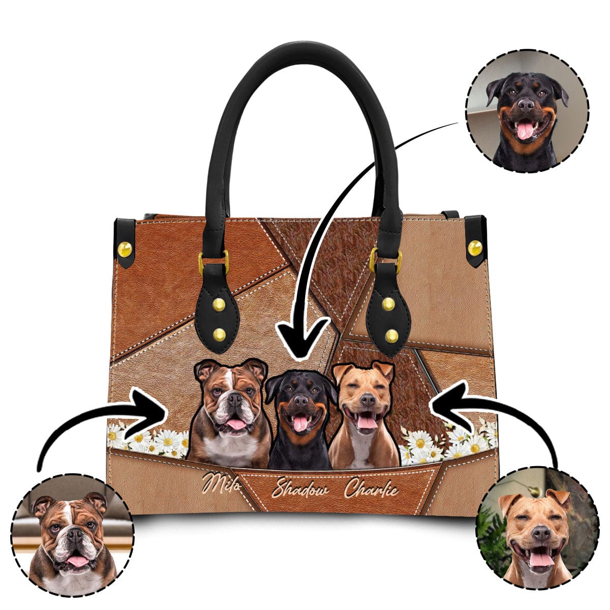 Sac à main en cuir personnalisé avec photo pour animaux de compagnie | Cadeau pour maman d’animal de compagnie | Combinaison de couleurs roux de différents styles