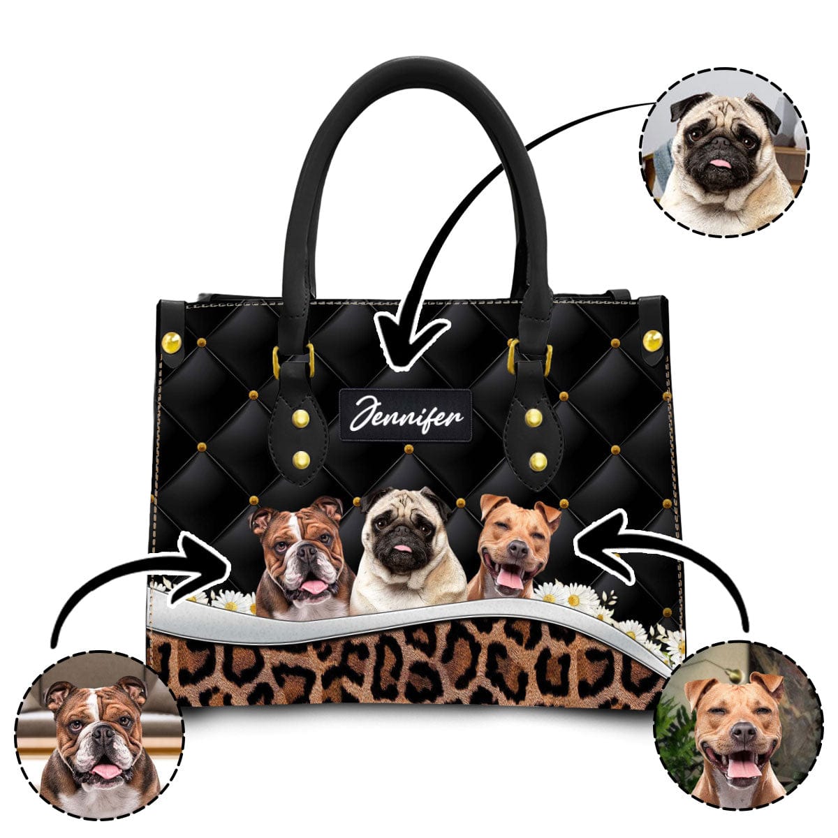 Sac à main en cuir personnalisé avec photo pour animaux de compagnie | Cadeau pour maman d’animal de compagnie | Tapisserie d'ameublement abstraite style marguerite et léopard couleur noir anthracite