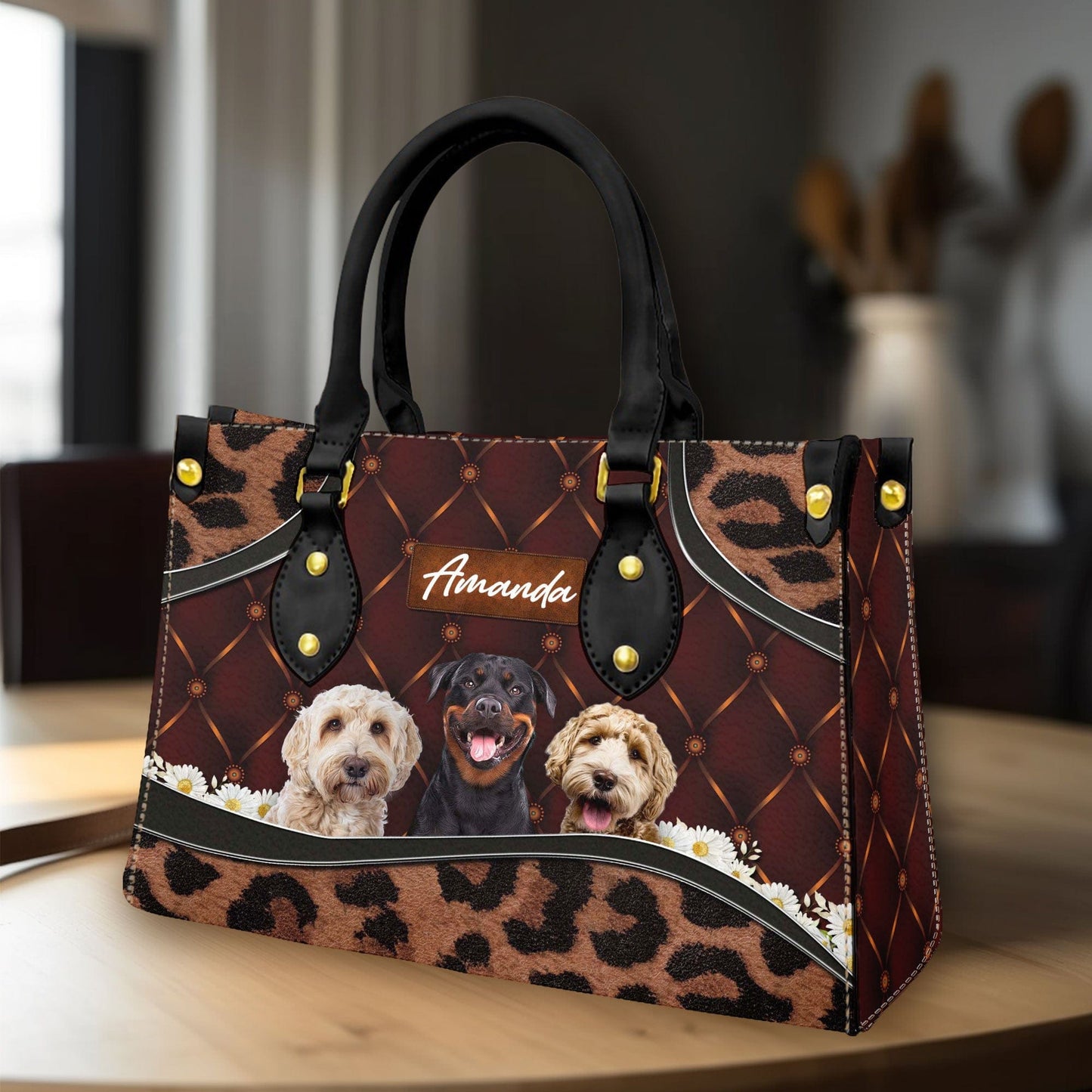 Custom Leather HandBag With Pet Photo | Gift For Pet Mom | Brown Upholstery Daisy & Leopard Style Mahogany Color