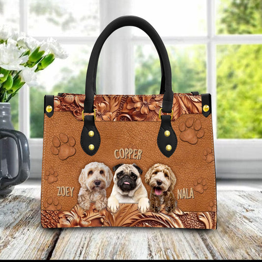 Custom Leather HandBag With Pet Photo | Gift For Pet Mom | Wood & Paw Drawing Style Brown Color