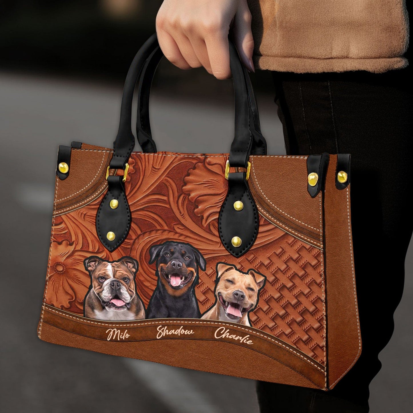 Custom Leather HandBag With Pet Photo | Gift For Pet Mom | Wood & Multi Style Hazelnut Brown Color