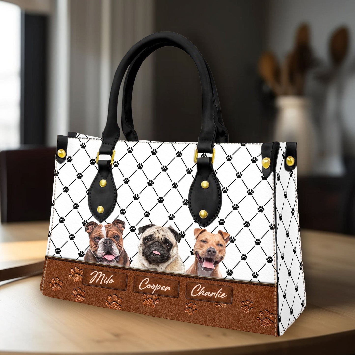Custom Leather HandBag With Pet Photo | Gift For Pet Mom | Paw Pattern With Style White & Brown Color