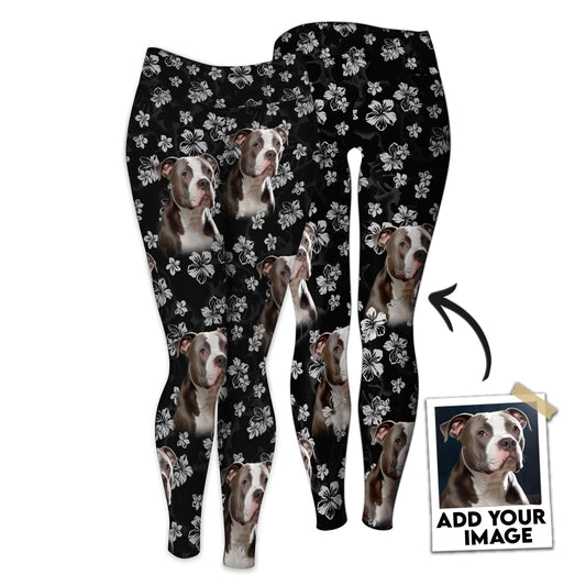 Custom Legging With Pet Photo | Black and White Hibiscus Flowers Seamless Pattern Black Color