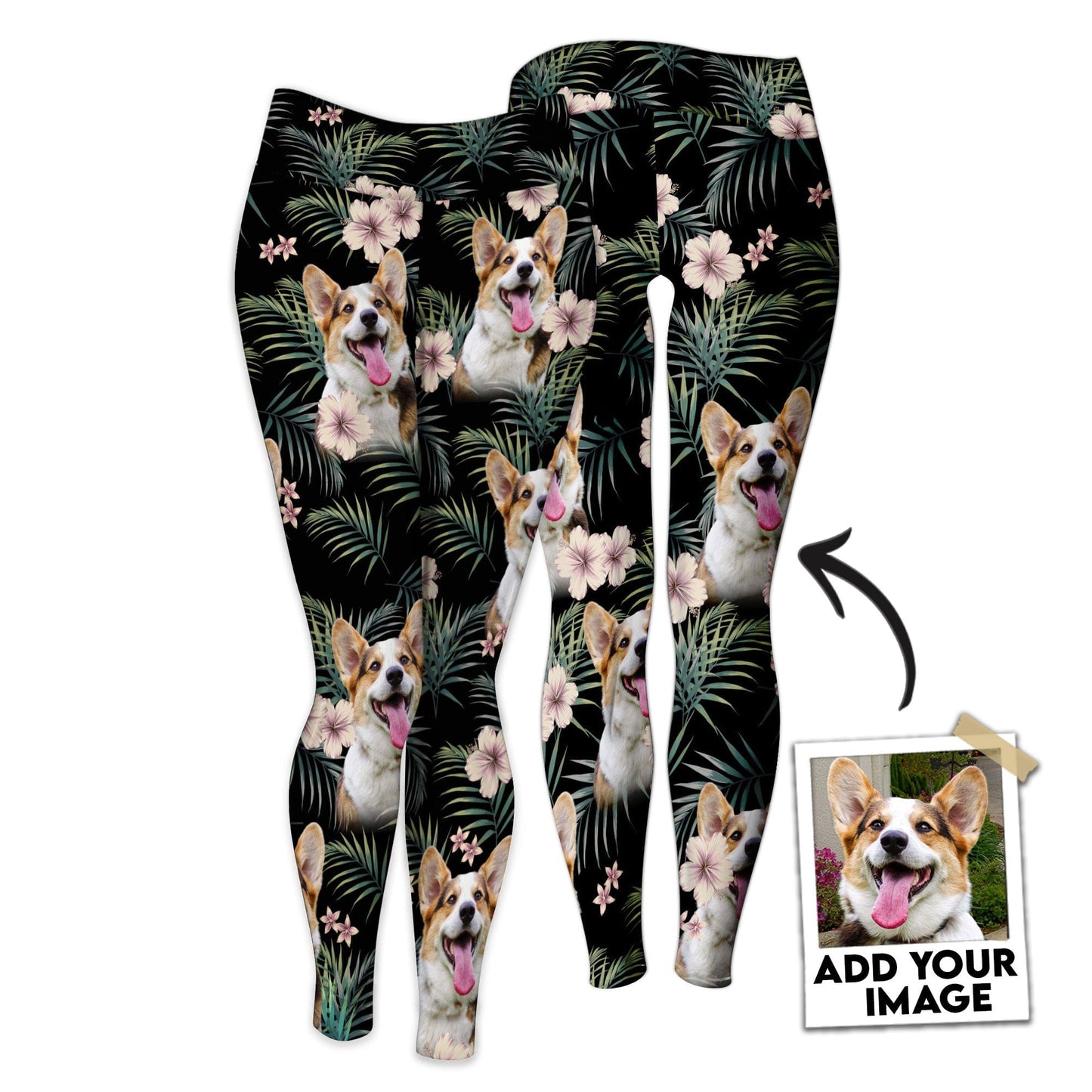 Custom Legging With Pet Photo | New Tropical With Red Hibiscus Flowers Pattern Charcoal Black Color