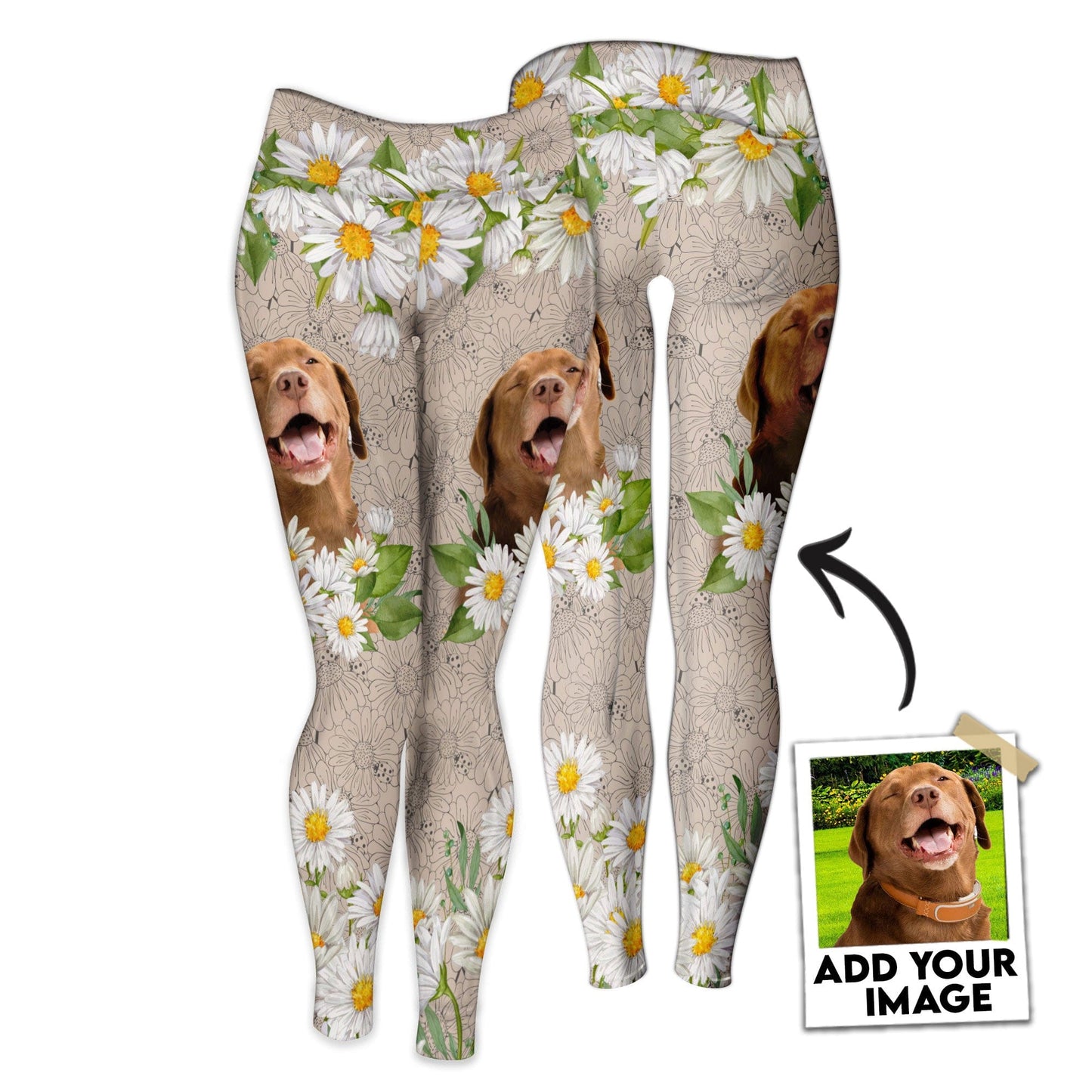 Legging personnalisé avec photo d’animal de compagnie | Motif de fleur de marguerite couleur beige