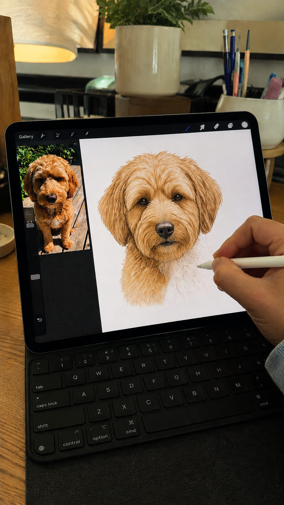 Artist hand drawing custom pet portrait
