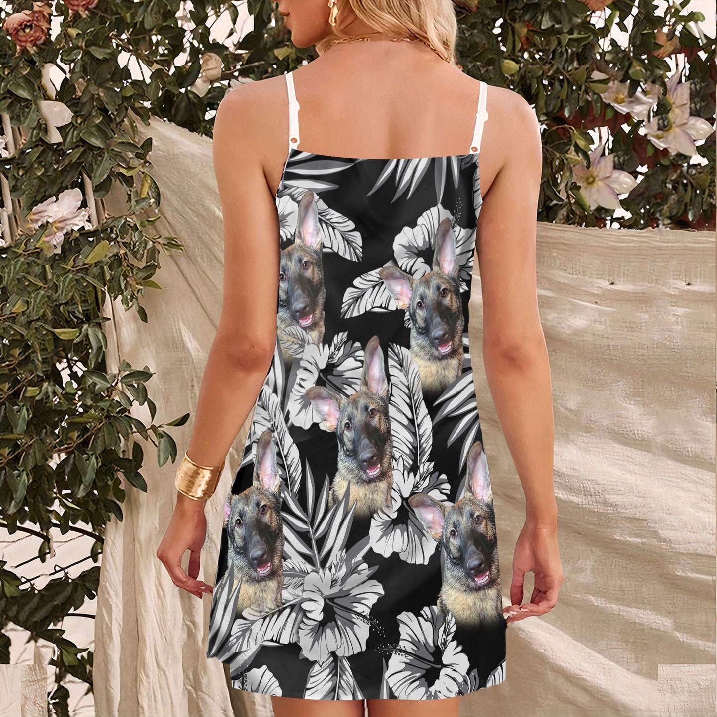 Custom Flowers Pattern Cami Dress Personalized Gift For Dog Mom (Black Color)