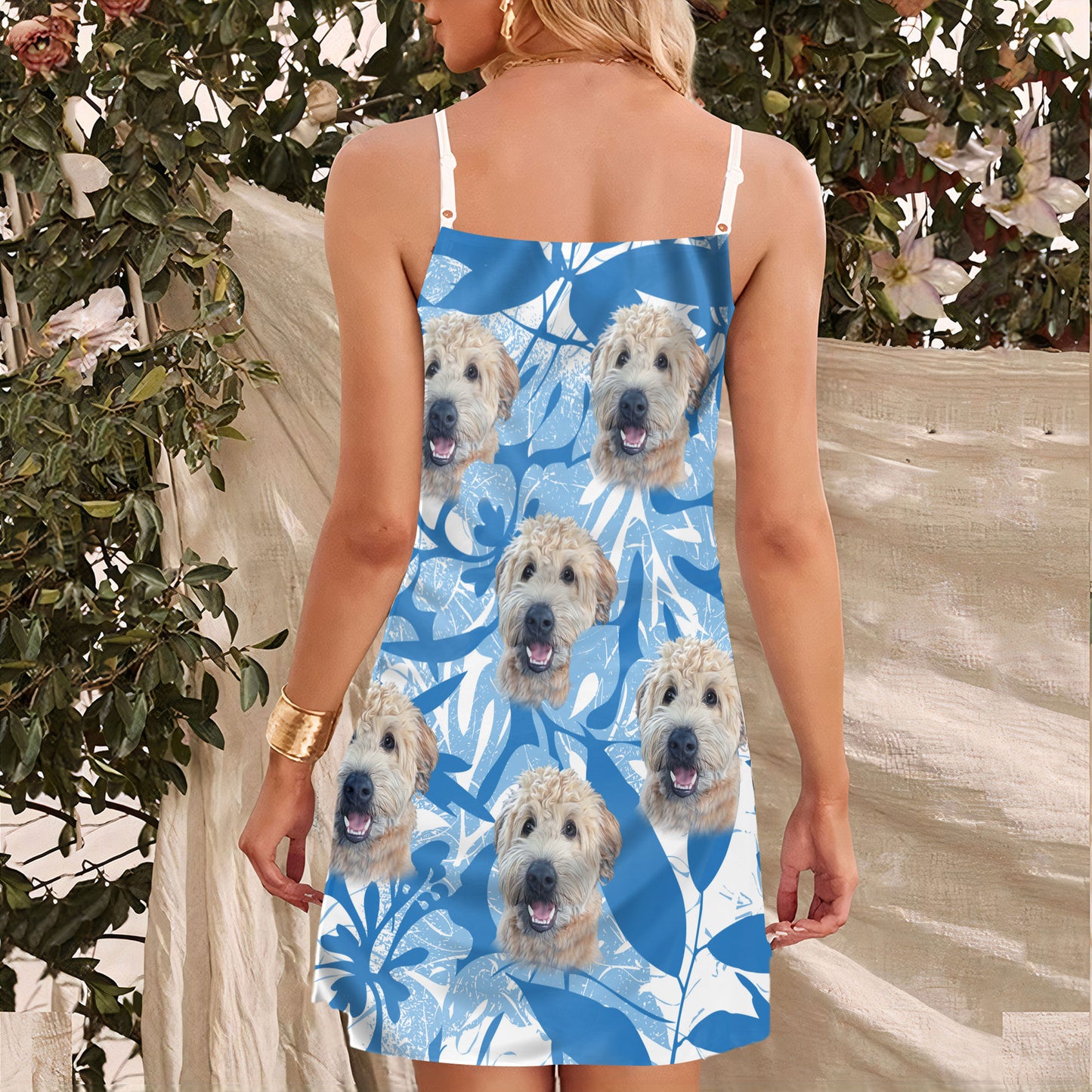Robe camisole personnalisée à motif de feuilles et de fleurs, cadeau personnalisé pour maman de chien (couleur bleue)