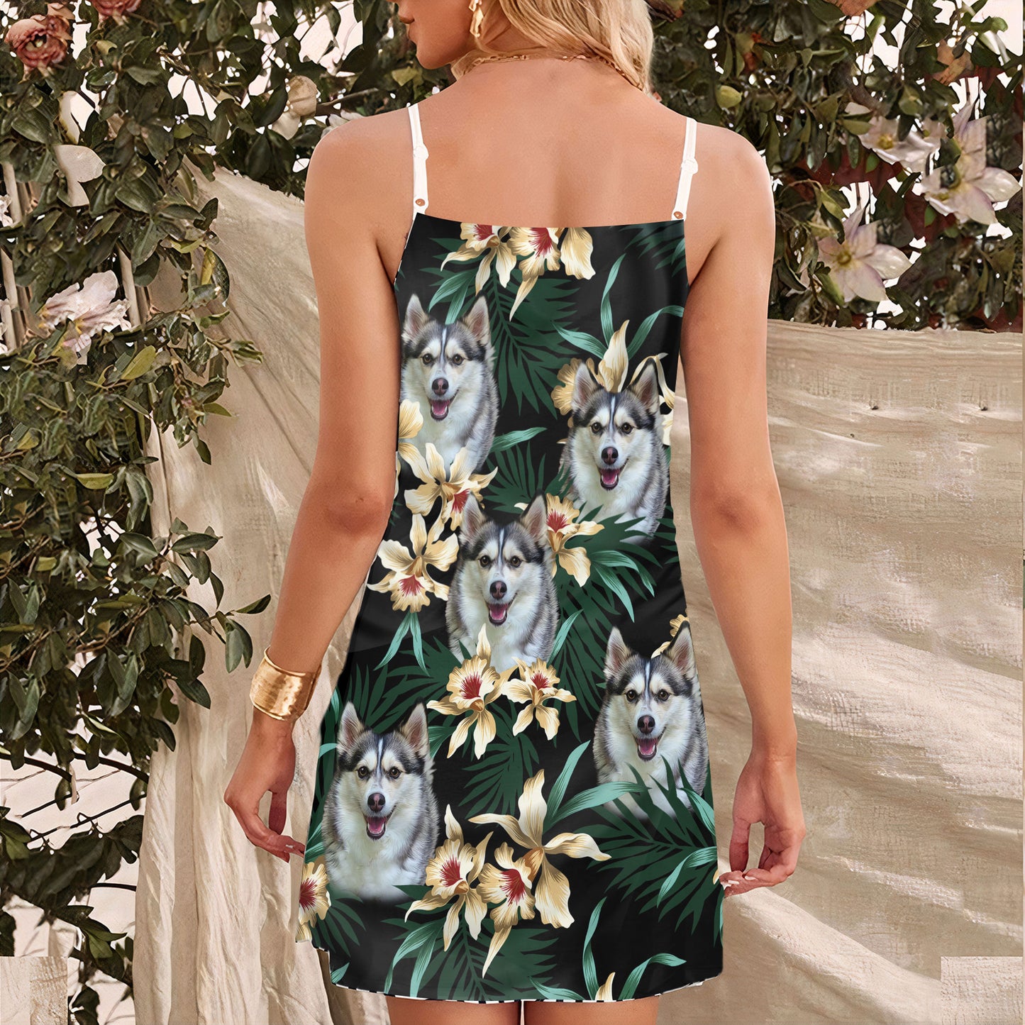 Custom Leaves & Flower Pattern Cami Dress Personalized Gift For Dog Mom (Dark Green Color)