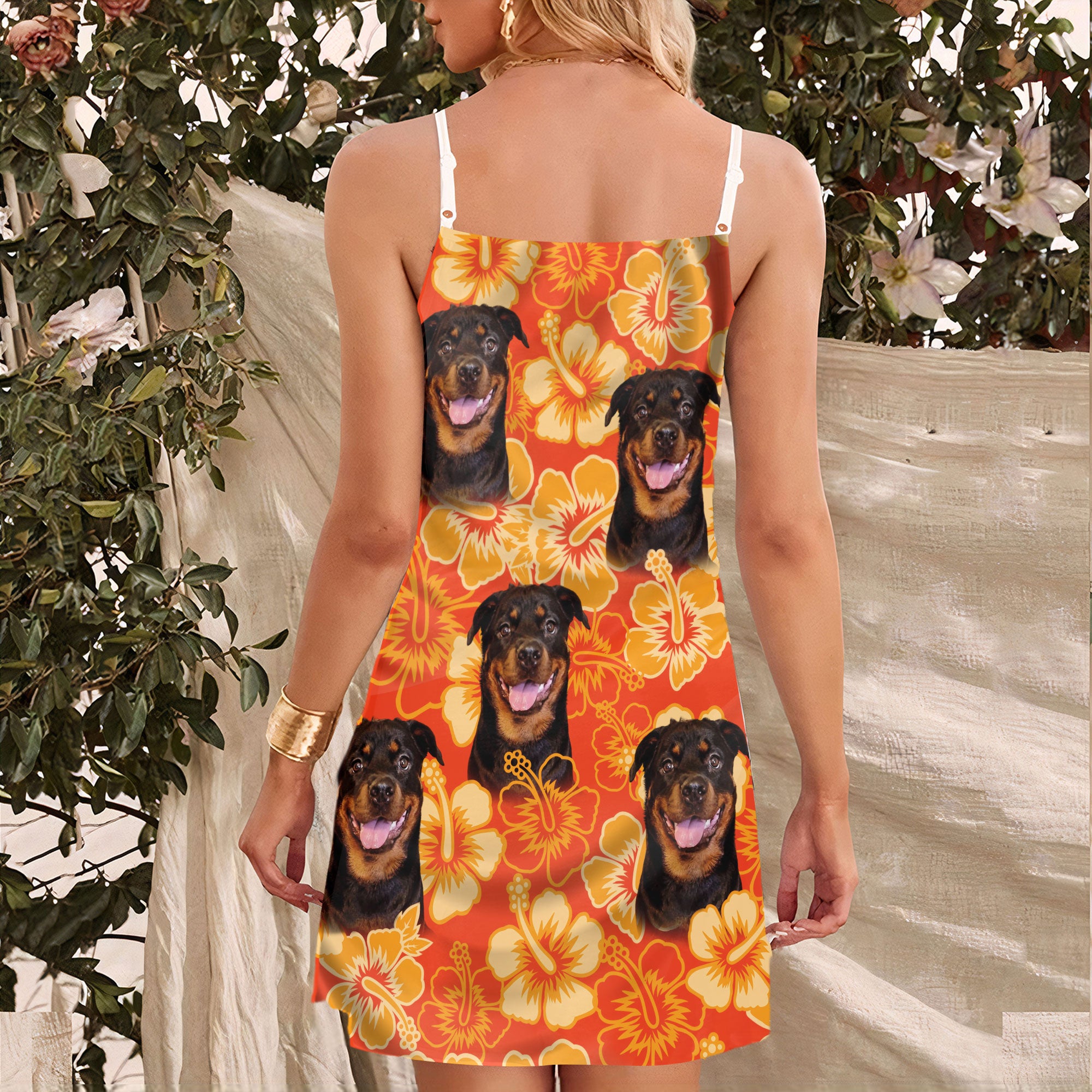 Custom Flowers Pattern Cami Dress Personalized Gift For Dog Mom  (Neon-Orange Color)