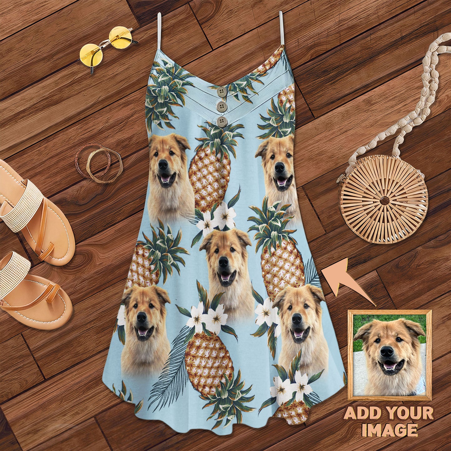 Custom Pineapple Pattern Cami Dress Personalized Gift For Dog Mom (Light Blue Color)