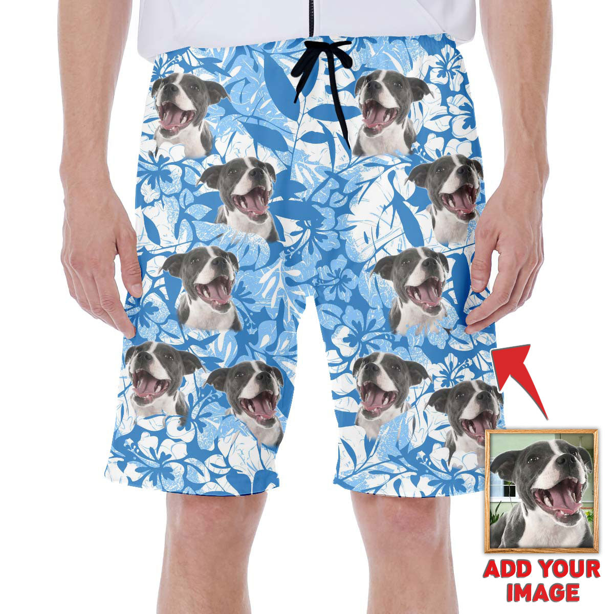 Custom Hawaiian Short With Dog Face | Personalized Gift For Puppy Lovers | Leaves & Flowers Pattern Blue Color Aloha Short