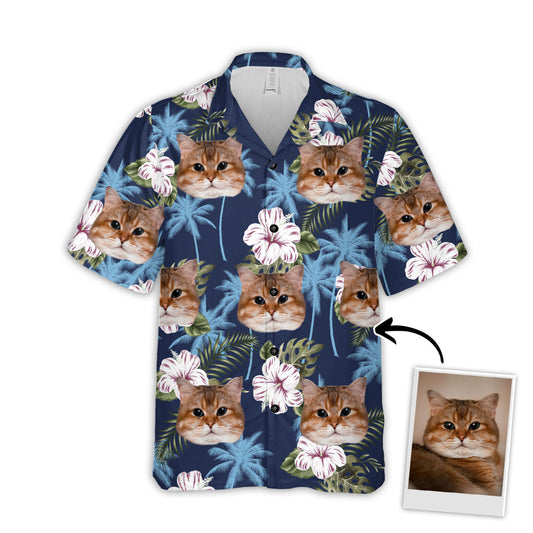Chemise hawaïenne personnalisée pour les amoureux des animaux de compagnie | Cadeau personnalisé pour les amoureux des chiens/chats | Chemise Aloha à motif de palmier bleu