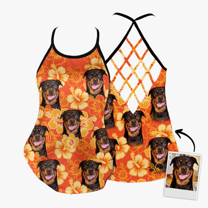 Custom Flowers Pattern Criss Cross Tank Top (Neon Orange Color)