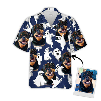 Custom Hawaiian Shirt With Pet Face | Personalized Gift For Pet Lovers | Funny Ghost Pattern Navy Color Aloha Shirt
