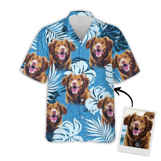 Chemise hawaïenne personnalisée avec photo pour animaux de compagnie | Cadeau personnalisé pour les amoureux des animaux de compagnie | Chemise Aloha de couleur bleu mer à motif de feuilles