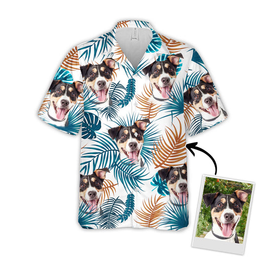 Chemise hawaïenne personnalisée avec visage d’animal de compagnie | Cadeau personnalisé pour les amoureux des animaux de compagnie | Chemise Aloha de couleur blanche à motif de feuilles
