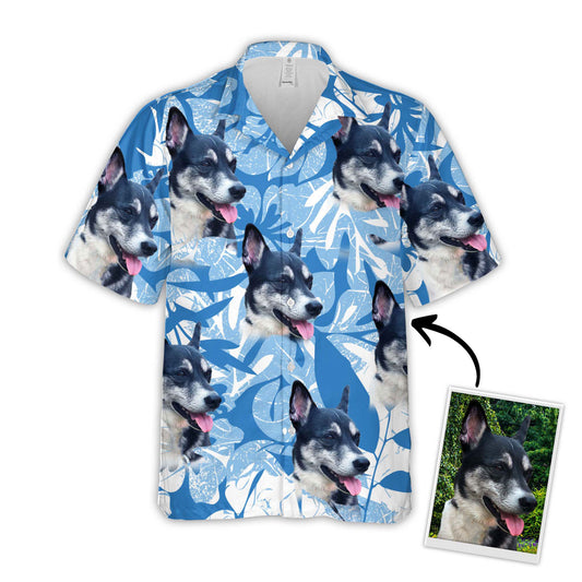 Chemise hawaïenne personnalisée pour les amateurs de chiens | Cadeau personnalisé pour les amoureux des chiots | Chemise Aloha de couleur bleue à motif de feuilles et de fleurs