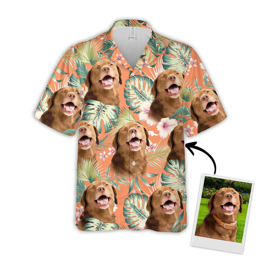 Chemise hawaïenne personnalisée pour les amateurs de chiens | Cadeau personnalisé pour les amoureux des chiots | Chemise Aloha à motif de feuilles et de fleurs, couleur carotte