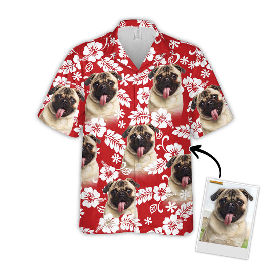 Chemise hawaïenne personnalisée pour les amateurs de chiens | Cadeau personnalisé pour les amoureux des chiots | Feuilles et fleurs motif couleur rougeAloha Shirt